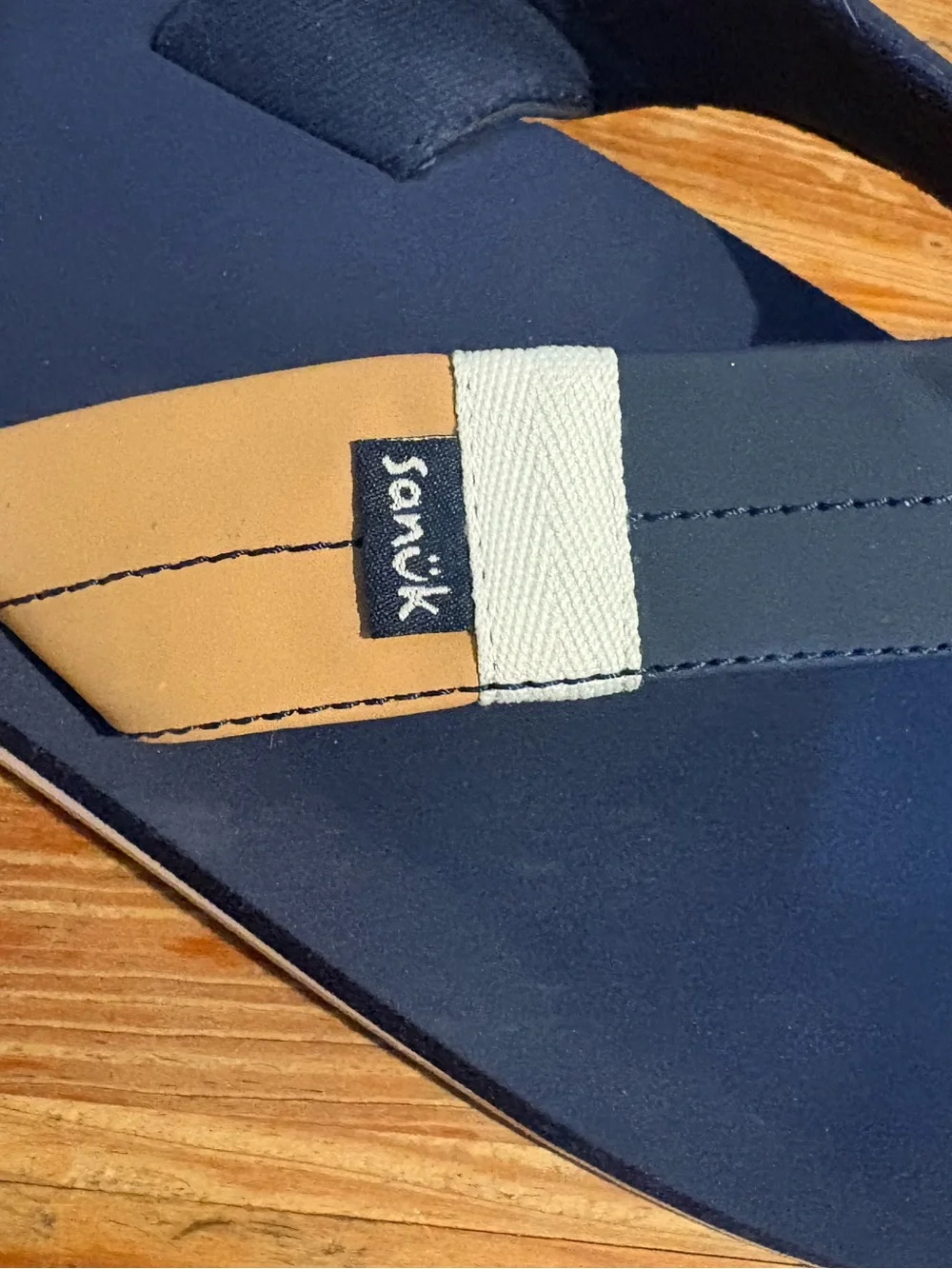 Sanuk Sawyer Navy Blue and Tan Men's Flip-Flops